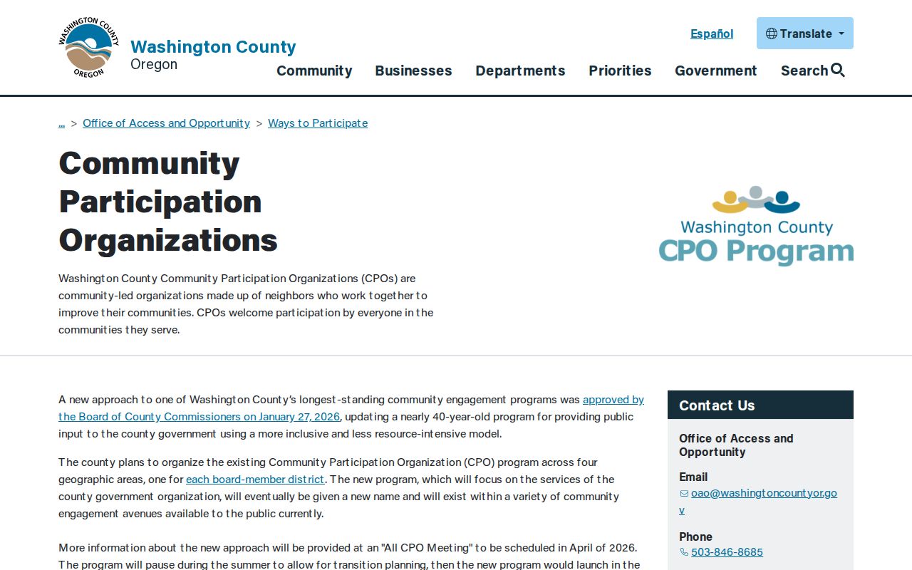 Washington County neighbors community participation organizations page