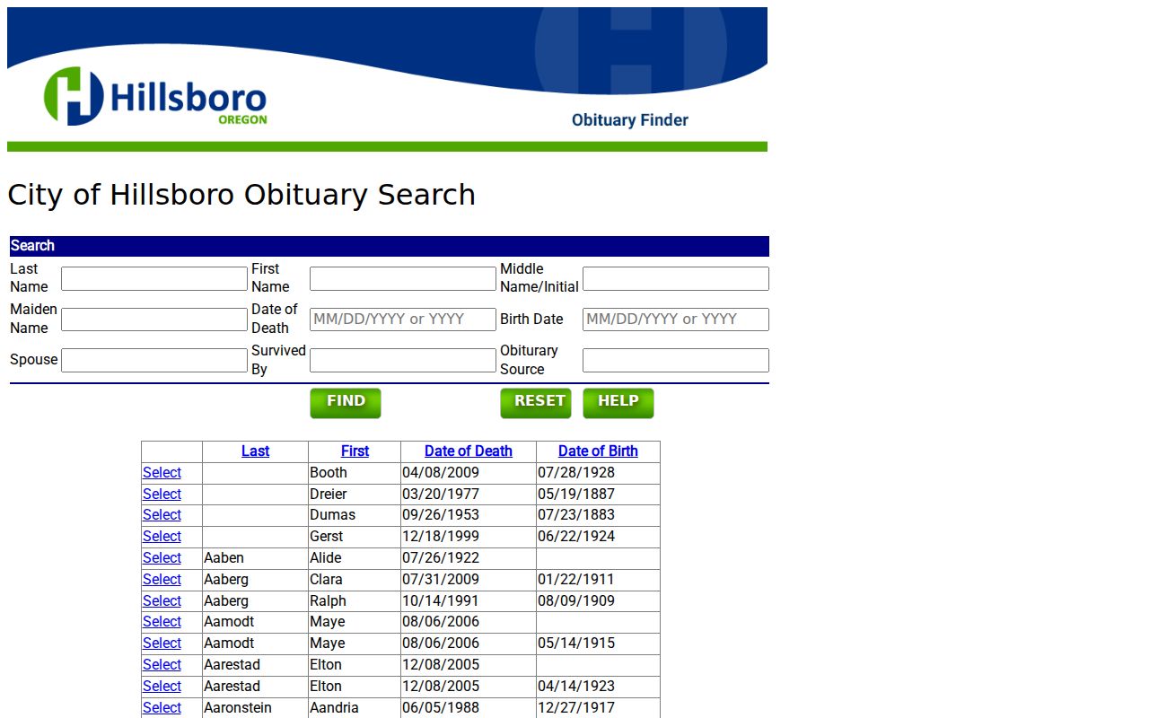 Washington County previous residents search in the Hillsboro Obituary Index