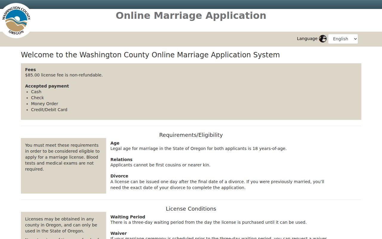 Washington County resident lookup marriage application screen