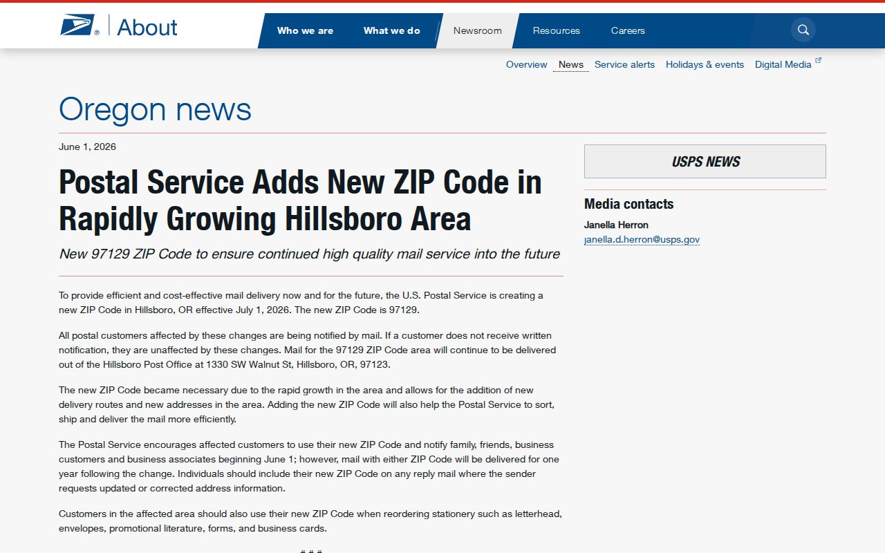 Washington County ZIP code directory reference for the USPS 97129 release